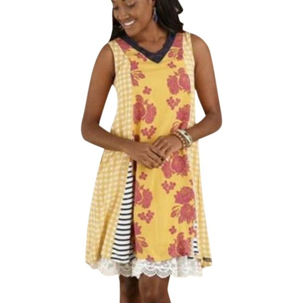 Matilda Jane Womens Dress Size XS Once Upon A Time Golden Key Yellow Navy Blue